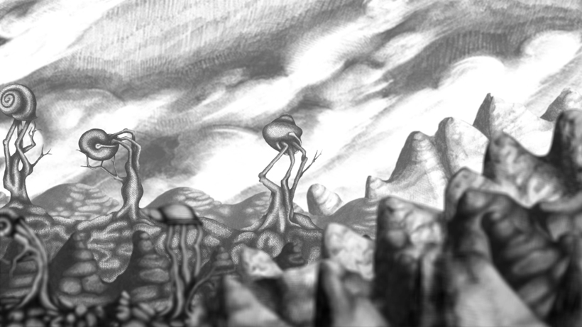screen shot from Foodstuffs of pencil drawn tree like plants growing into shells